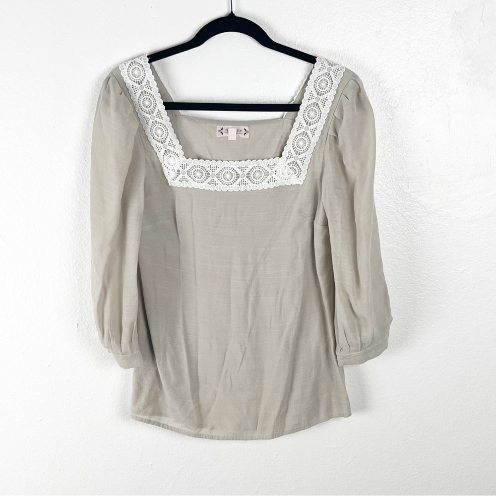 NANETTE LEPORE Textured Lace Neckline Trim 3/4 Sleeves Top Small Boho Casual